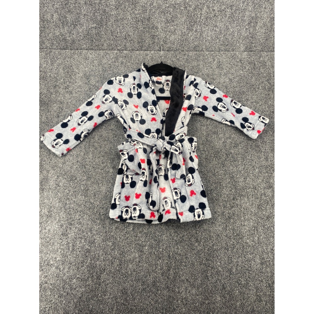 Disney Mickey Mouse Fleece Bathrobe Toddler Boys Size 4T Gray Plush Belted Robe
